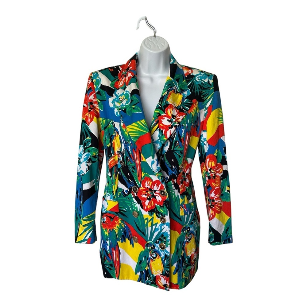 Escada Vintage Luxury Blazer Tropical Floral Parrot Cotton Germany 34 / 4 - Picture 2 of 9